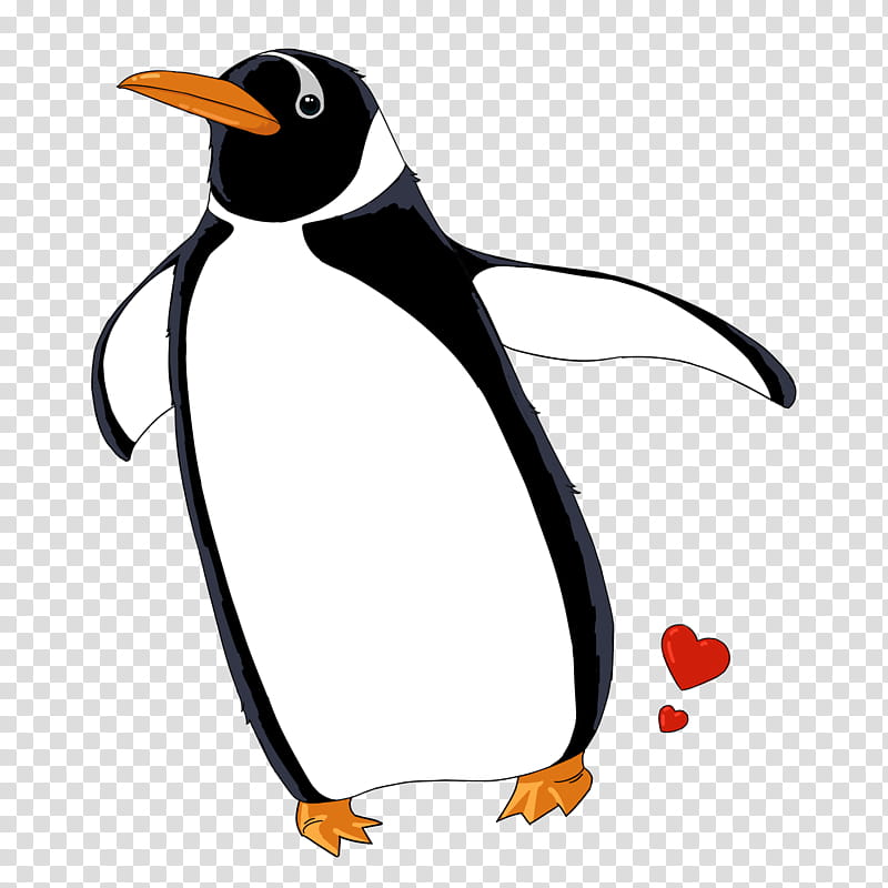 Cartoon penguin with orange beak and feet, arms outstretched, two red hearts floating nearby.