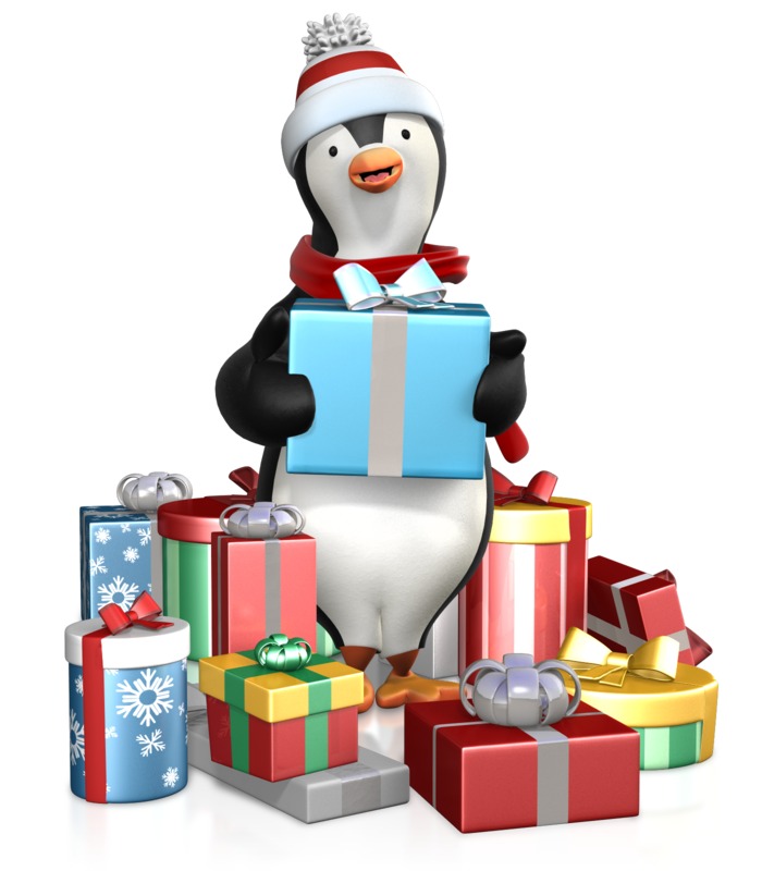 Festive penguin in winter hat and scarf holding a blue gift box, surrounded by colorful wrapped presents.