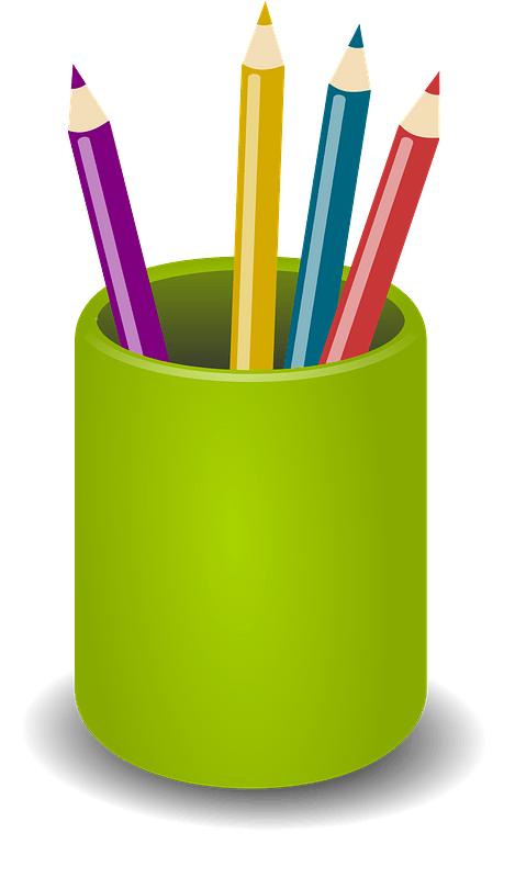 Colored Pencils in Green Cup - Creative Stationery Illustration