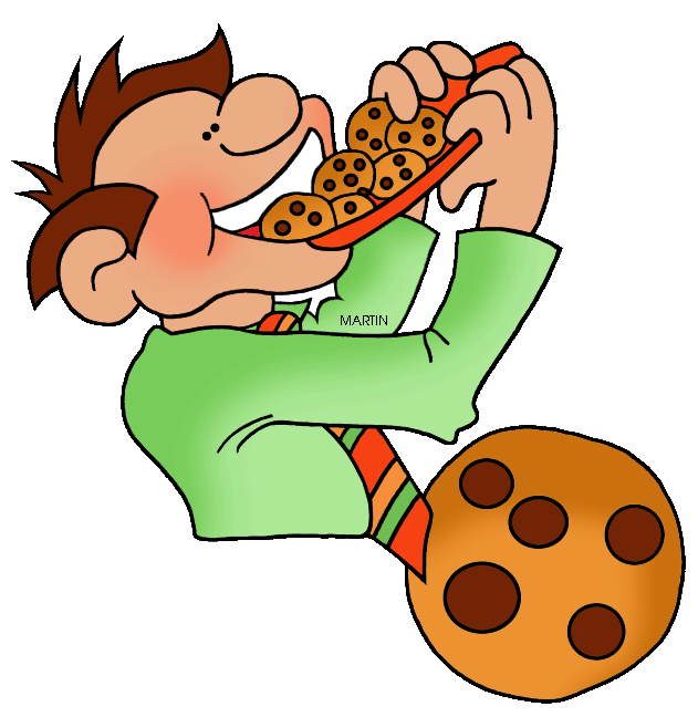 A cartoon boy named Martin joyfully eating chocolate chip cookies from a red tray, with one large cookie nearby.