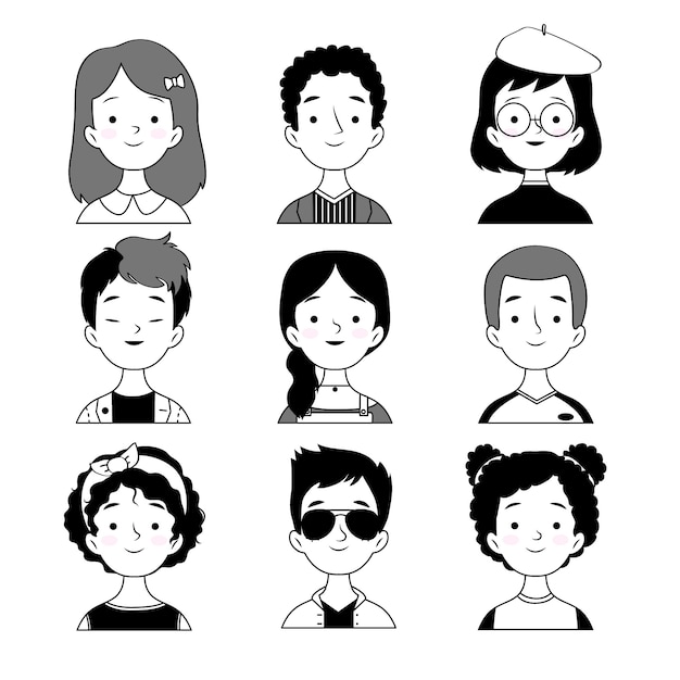 Nine diverse cartoon-style character portraits in black and white with subtle shading and accessories.