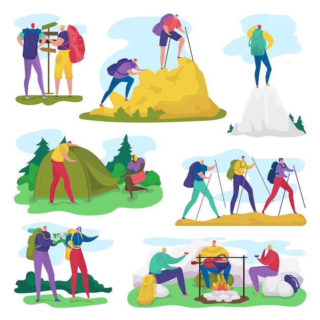 Colorful flat illustrations of hikers and campers engaging in outdoor activities like climbing, setting up tents, and cooking over a fire.