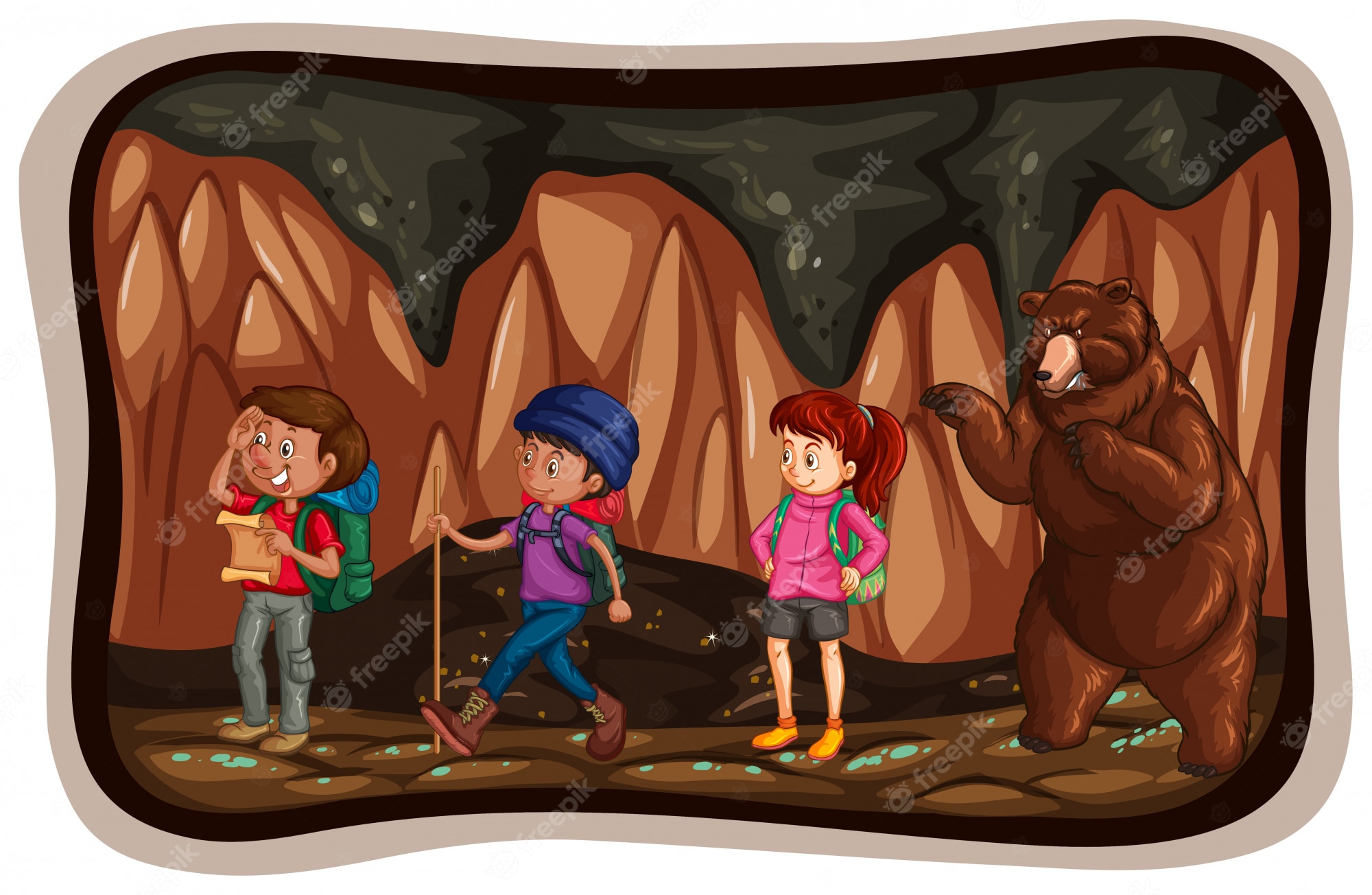 Three children exploring a cave with backpacks and a map, startled by a standing brown bear.