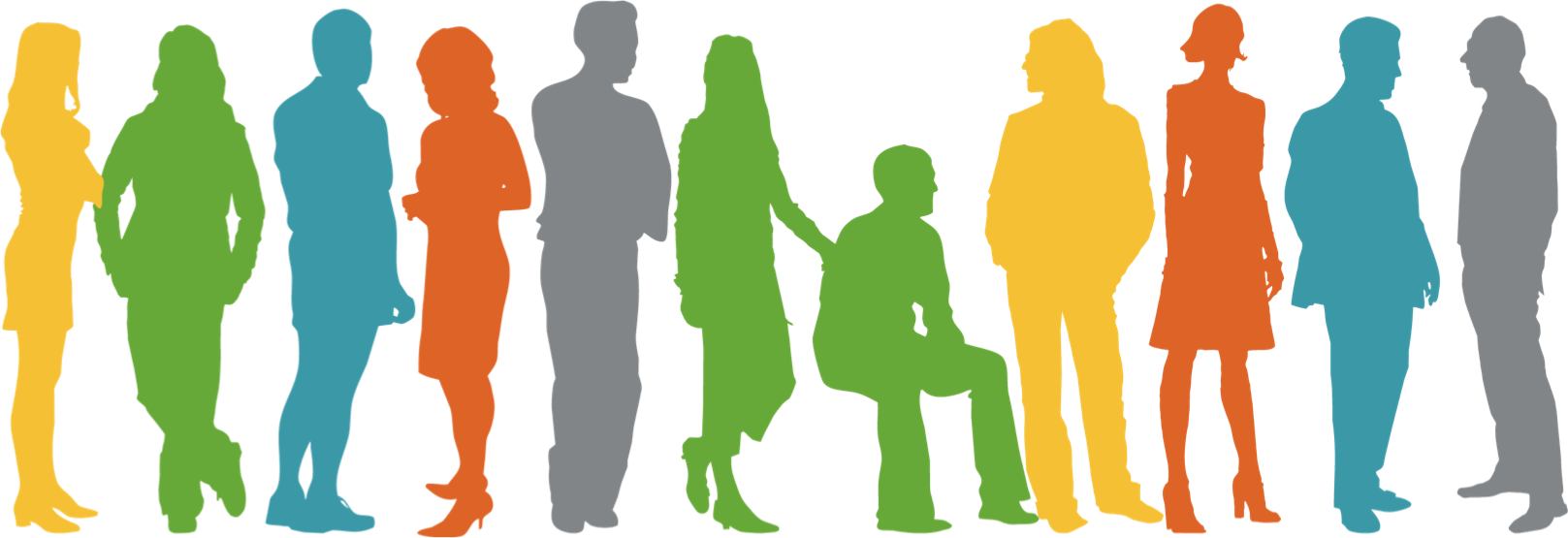 Ten diverse human silhouettes in vibrant colors standing and interacting, symbolizing inclusion and community.