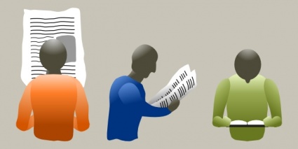 Three stylized figures reading different formats: document, newspaper, and book.