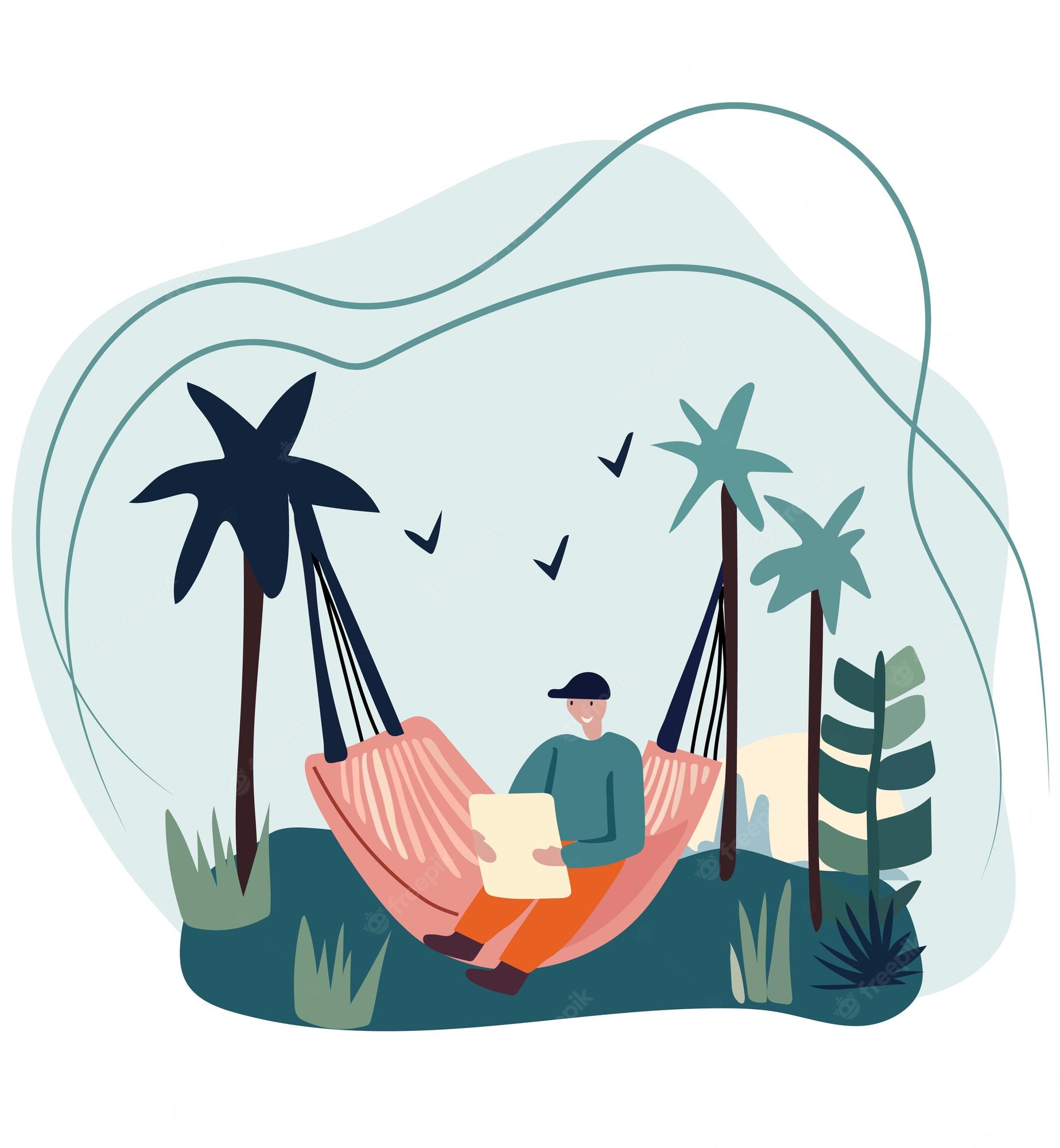 Person relaxing in a hammock among palm trees, reading a book in a tropical setting.