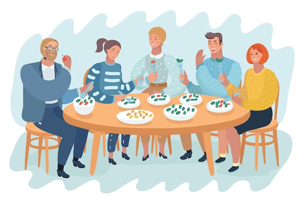Happy Friends Sharing a Healthy Meal - Illustration for Food & Community Content