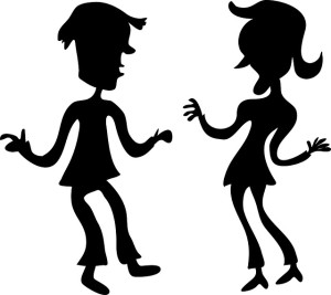 Black silhouettes of a man and woman dancing joyfully against a white background.