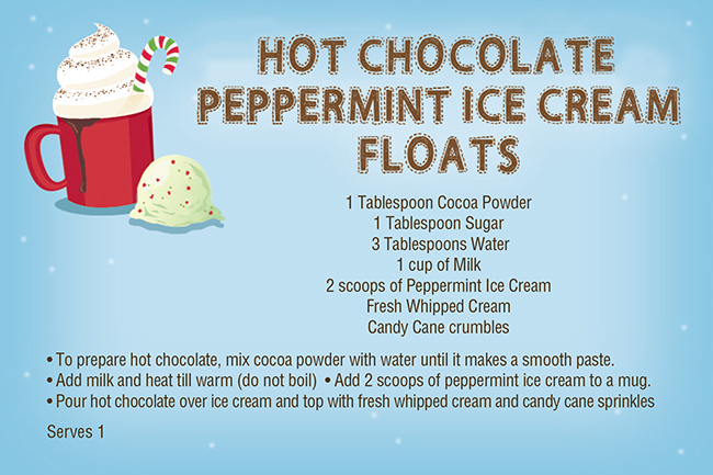 Hot chocolate peppermint ice cream float recipe with mug, scoop, and candy cane on light blue background.