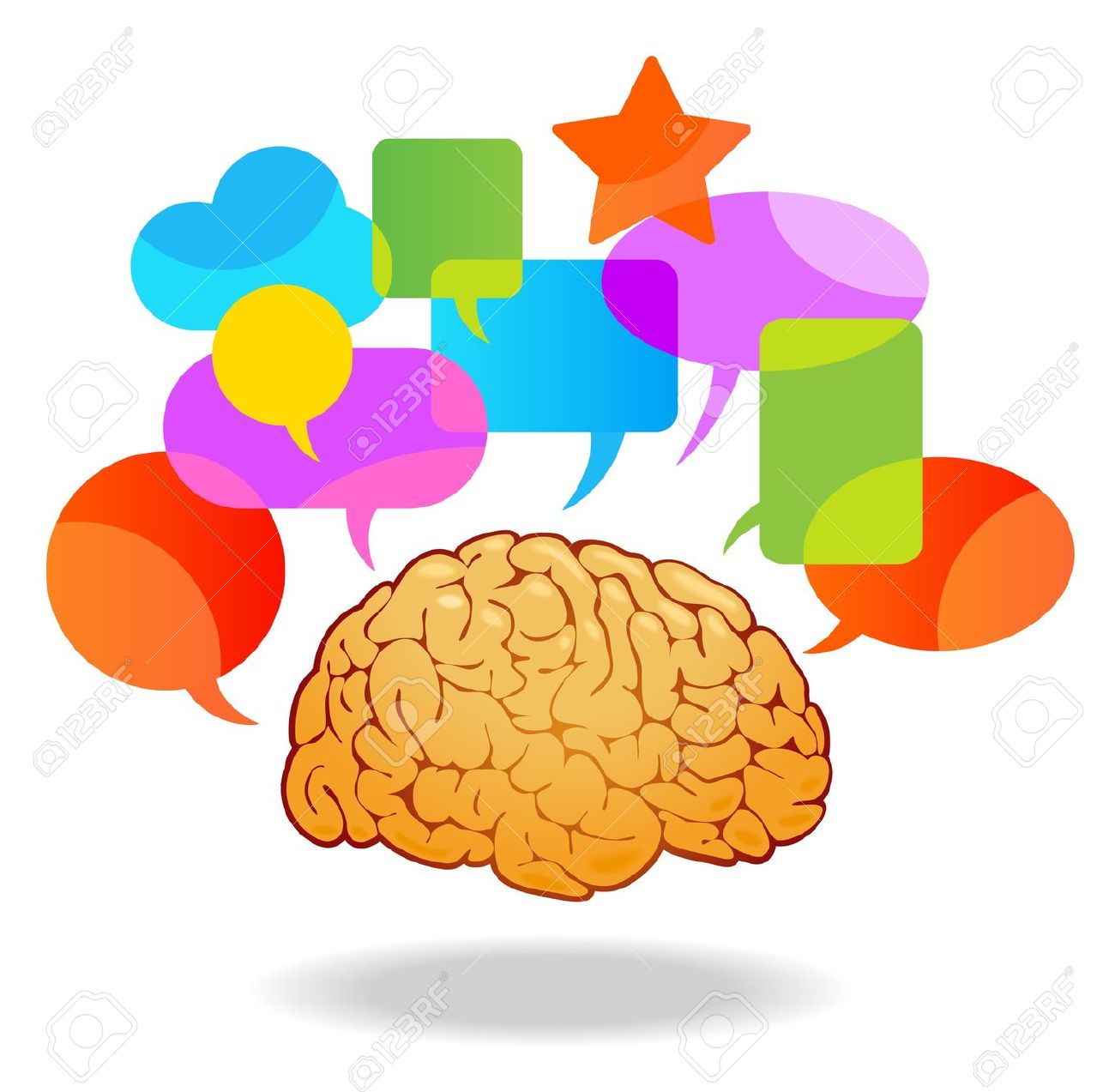 Human brain surrounded by colorful speech bubbles and a star, symbolizing ideas, communication, and creativity.