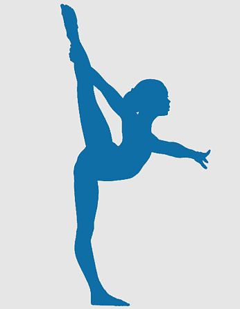 Blue silhouette of a dancer performing a high vertical leg lift in profile against a light gray background.