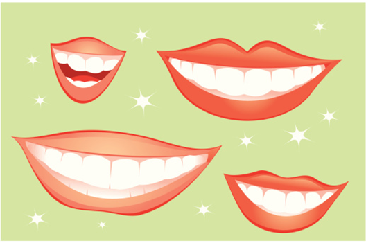 Four cartoon-style smiling mouths with bright white teeth and red lips on a light green background with sparkles.