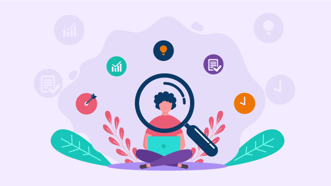 Person using magnifying glass over laptop, surrounded by data and analytics icons.