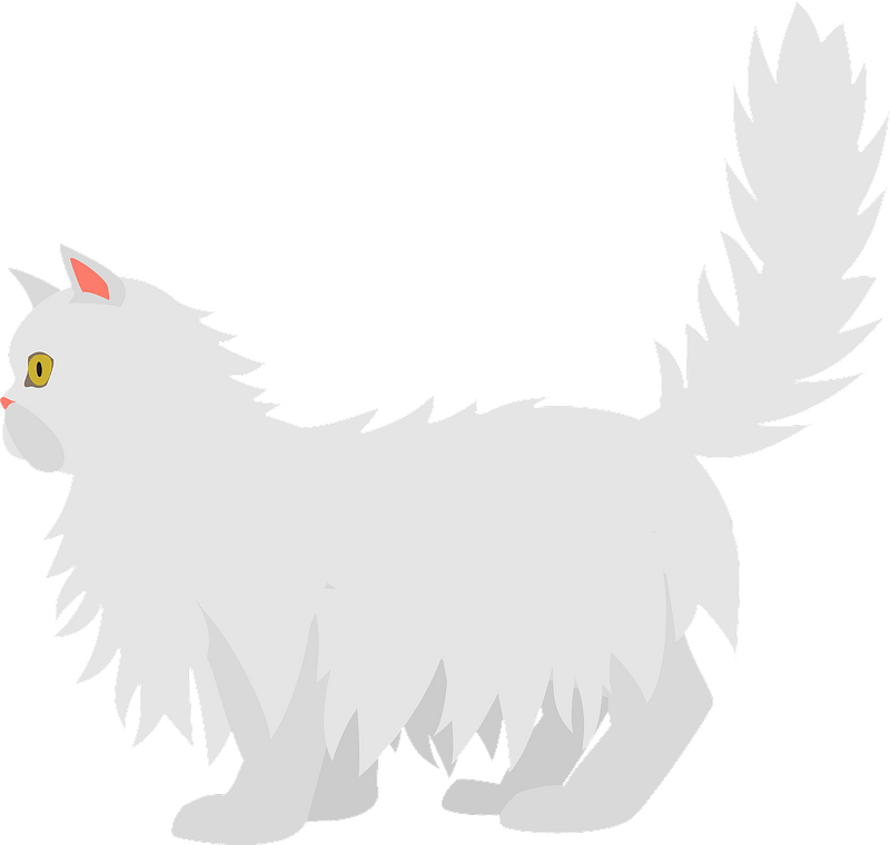 Fluffy white long-haired cat with yellow eyes and upright tail, illustrated in flat vector style against teal background.