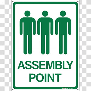 Green sign showing three human figures with text "ASSEMBLY POINT" for emergency evacuation guidance.