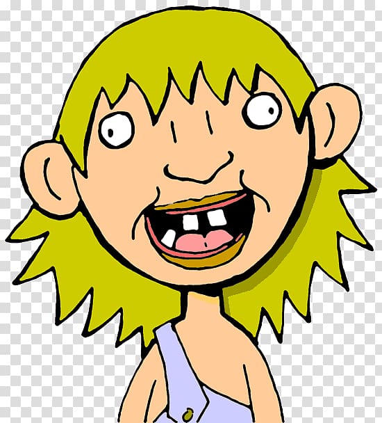 Cartoon girl with spiky green hair, wide eyes, and a gap-toothed grin.