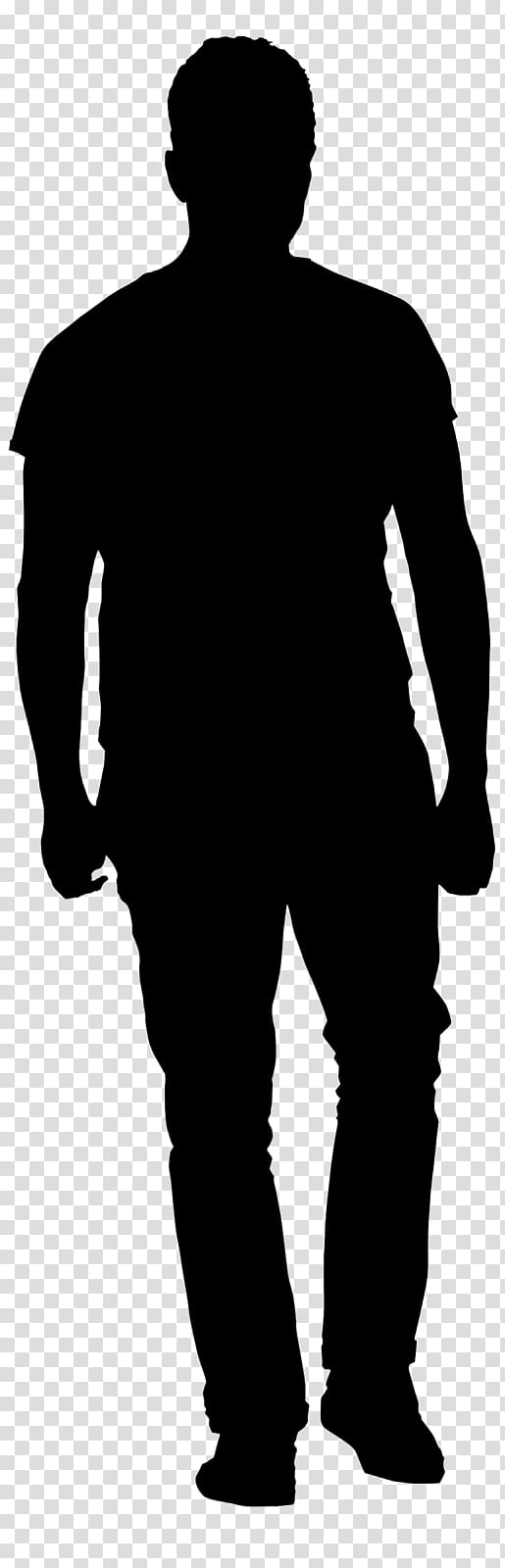 Black silhouette of a standing man in casual attire on transparent background.