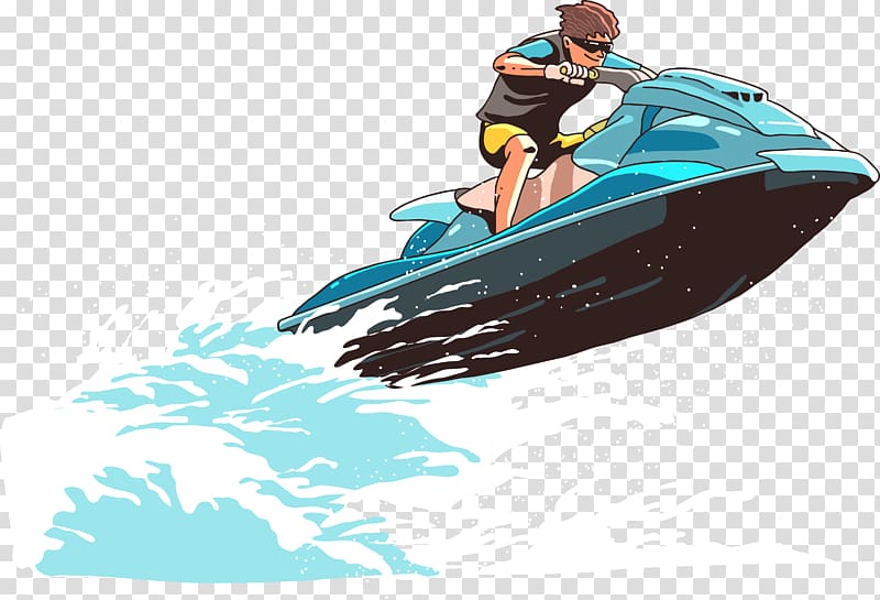 A person in sunglasses and swimwear riding a blue jet ski, creating splashes on water.