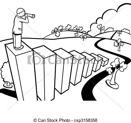 A man stands atop a bar chart, using binoculars to survey a winding path through hills and trees.
