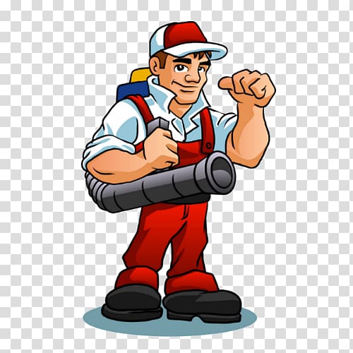 Cartoon handyman in red overalls holding a pipe, smiling confidently with tool backpack.