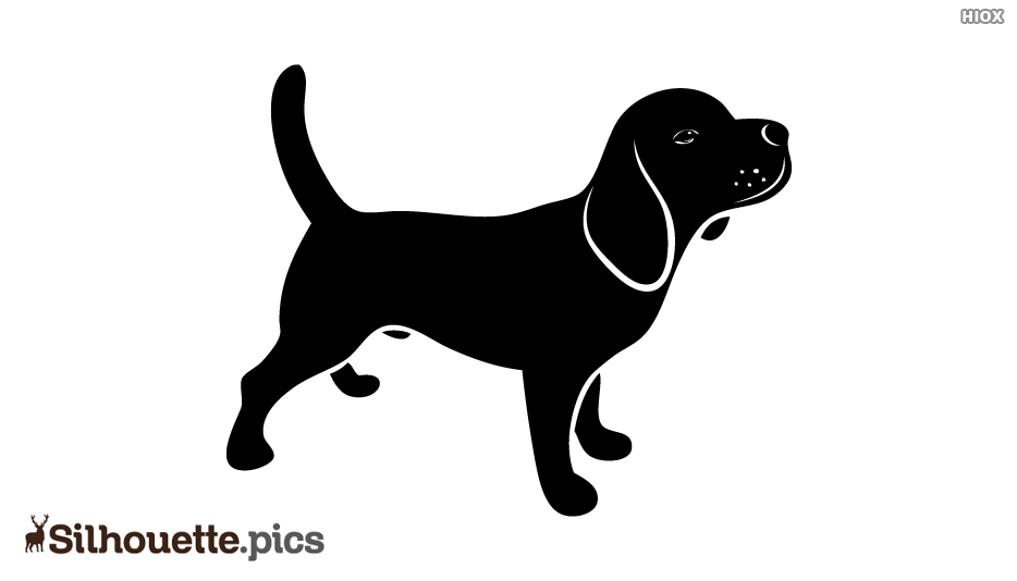 Black silhouette of a standing beagle puppy with floppy ears and raised tail, facing right.