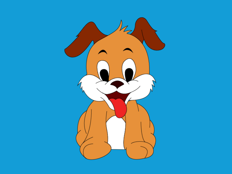 Cheerful cartoon puppy with brown fur, white muzzle, and tongue out on blue background.