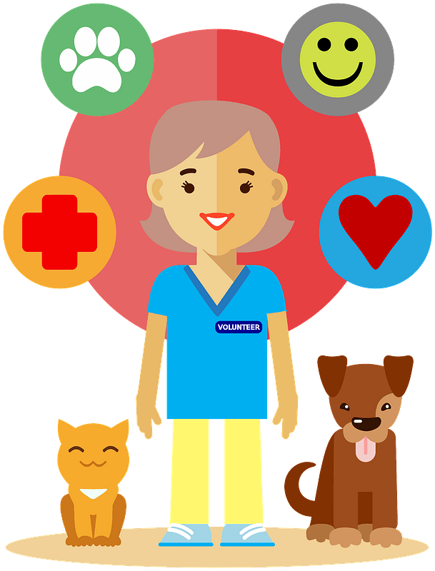 Volunteer in blue scrubs with cat and dog, surrounded by icons for care, love, health, pets, and happiness.