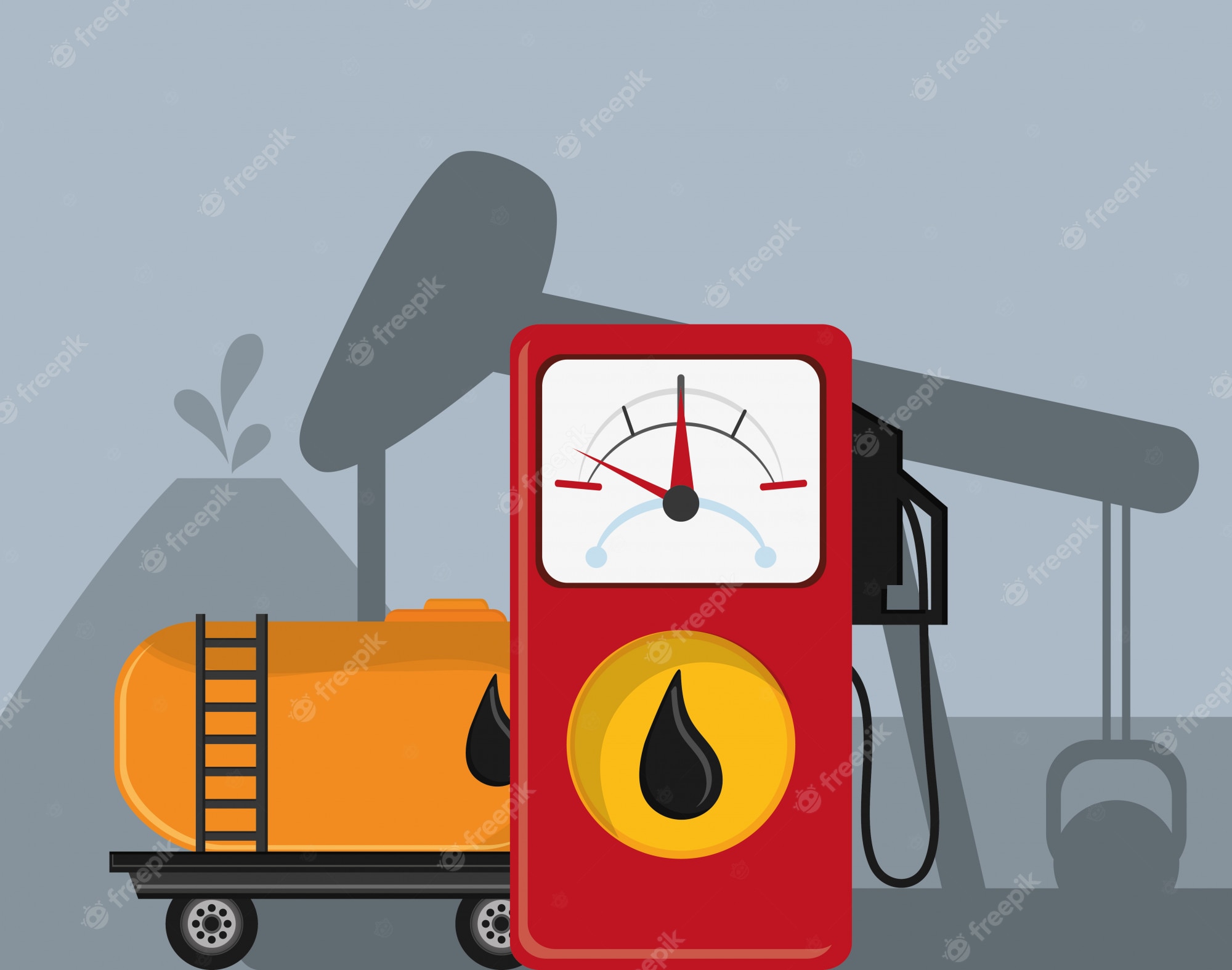 Red fuel pump with oil drop icon, orange tanker truck, and oil derrick in background-oil extraction and distribution illustration.