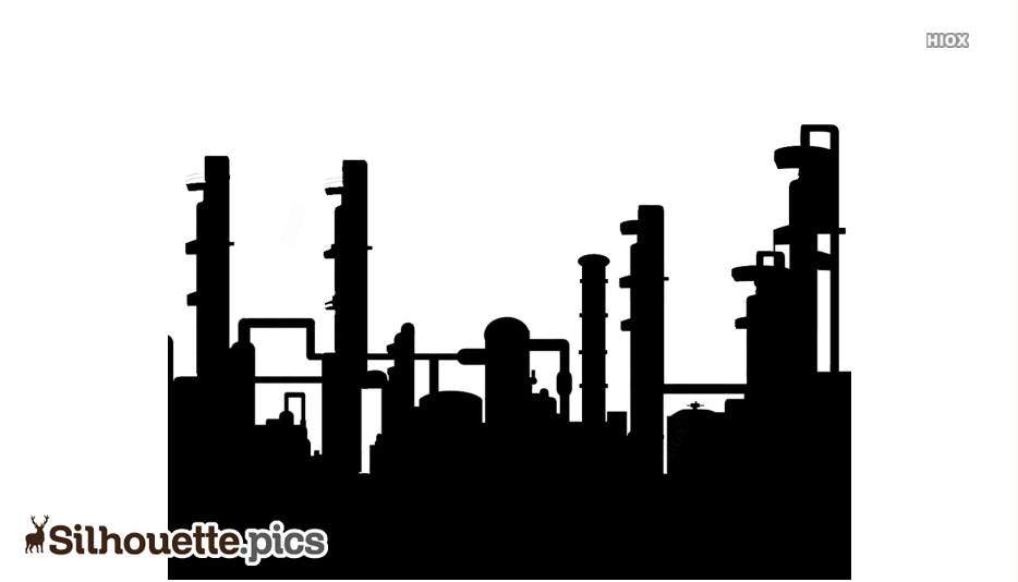 Silhouette of an industrial plant with towers, pipes, and storage tanks against a white background.