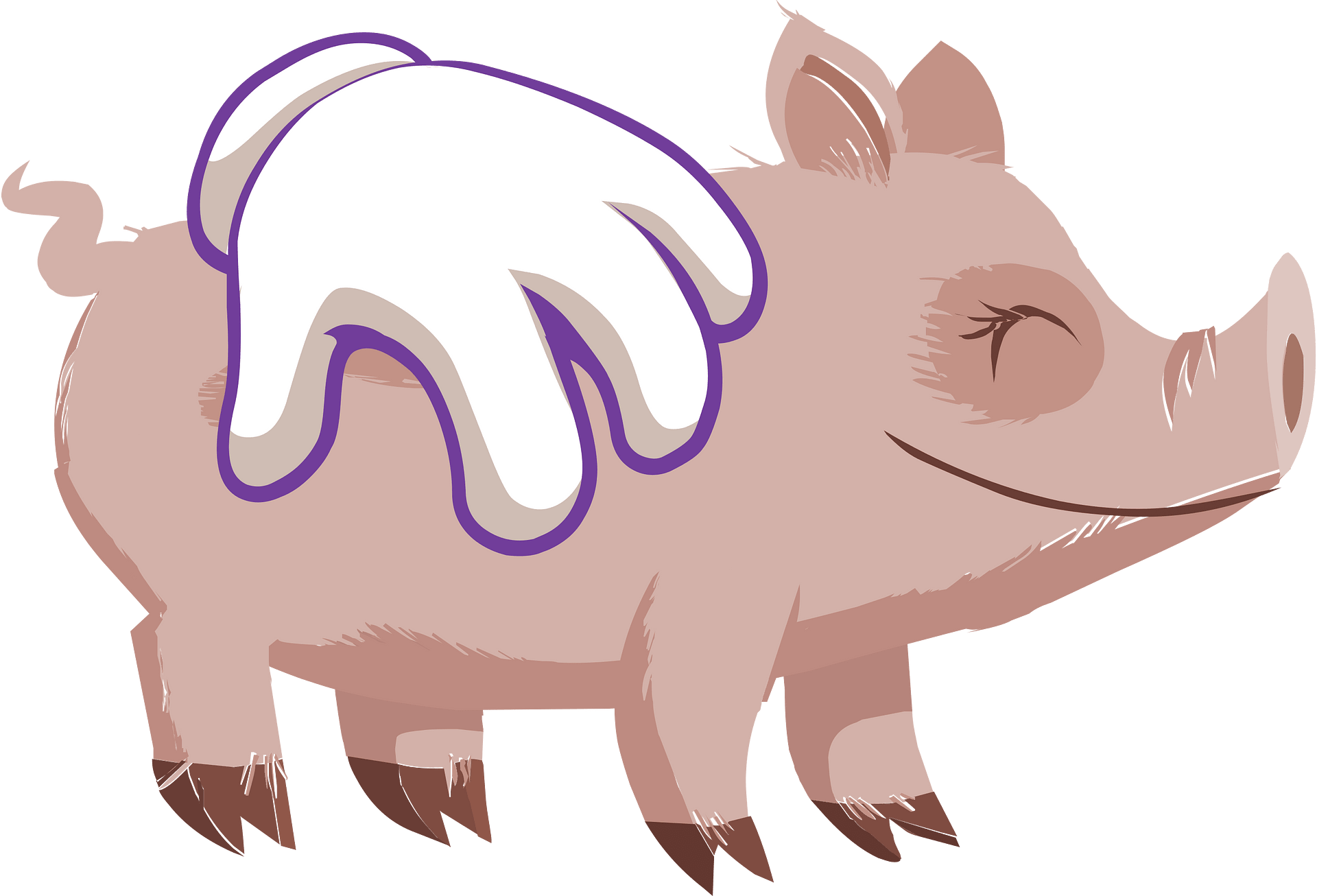 A cartoon pig with a white gloved hand resting on its back, smiling peacefully against a green background.