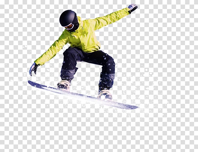 Snowboarder in mid-air wearing lime jacket, black helmet, and goggles against transparent background.