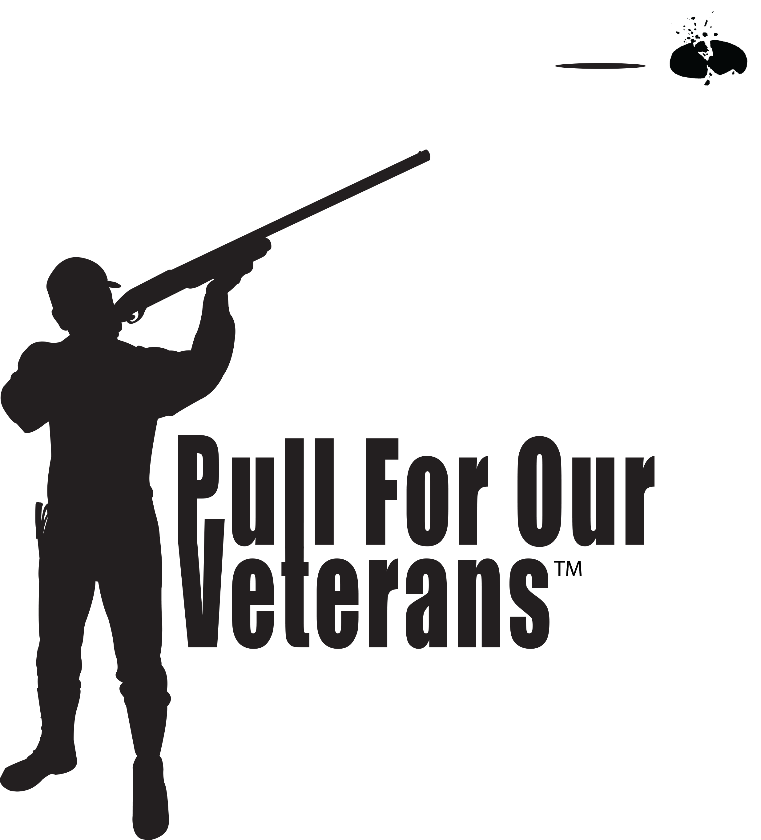 Silhouette of a person shooting a clay pigeon with text "Pull For Our Veterans™"