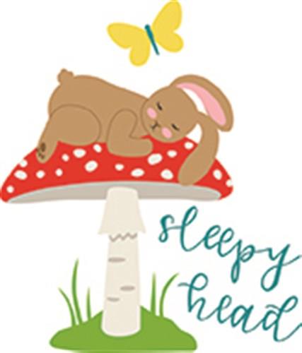 A sleepy brown bunny napping on a red-and-white spotted mushroom with a yellow butterfly above and "sleepy head" text nearby.