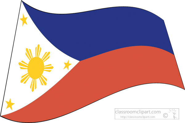 Waving Philippine national flag with blue, red, white triangle, golden sun, and three stars.