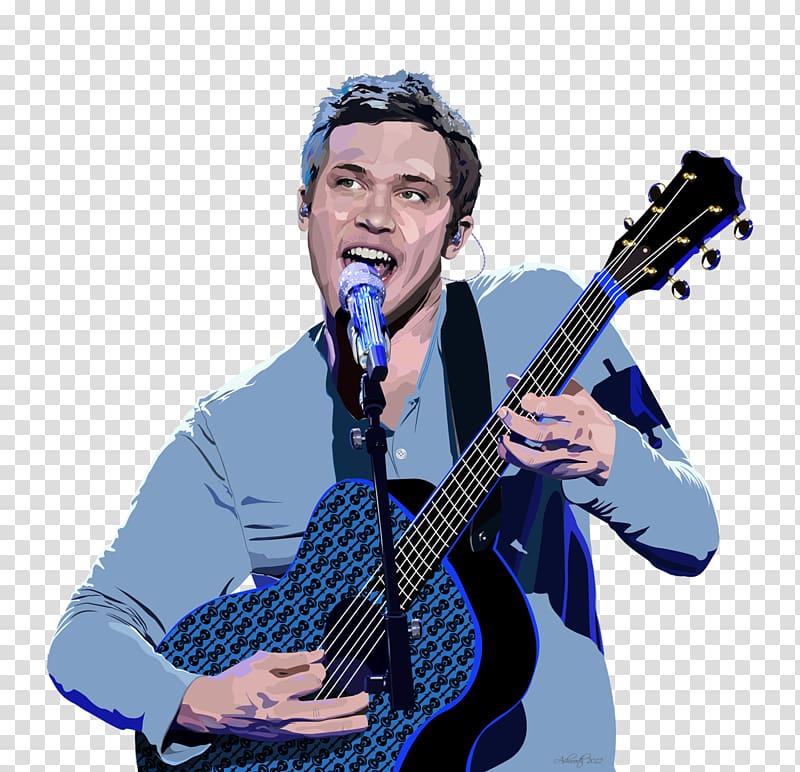 Male singer performing with acoustic guitar and microphone, stylized digital illustration.