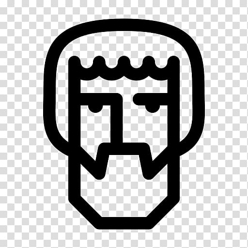 Stylized black-and-white line icon of a human face with wavy hair and beard, minimalist design on transparent background.