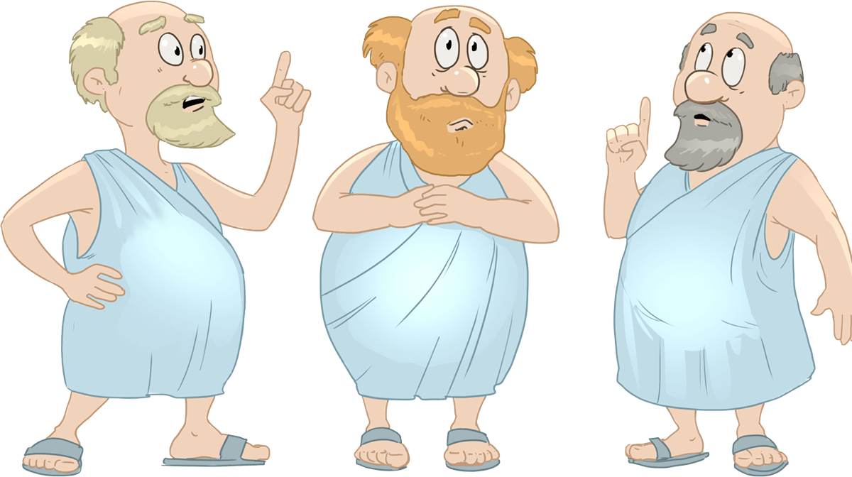 Three cartoon ancient Greek philosophers in togas debating, one pointing upward thoughtfully.