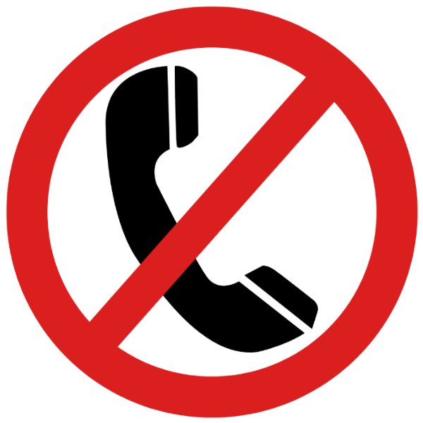 No phone sign - red circle with diagonal slash over a black telephone handset icon.