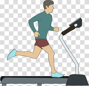 Person jogging on a treadmill wearing green shirt and red shorts, illustrated in flat vector style.