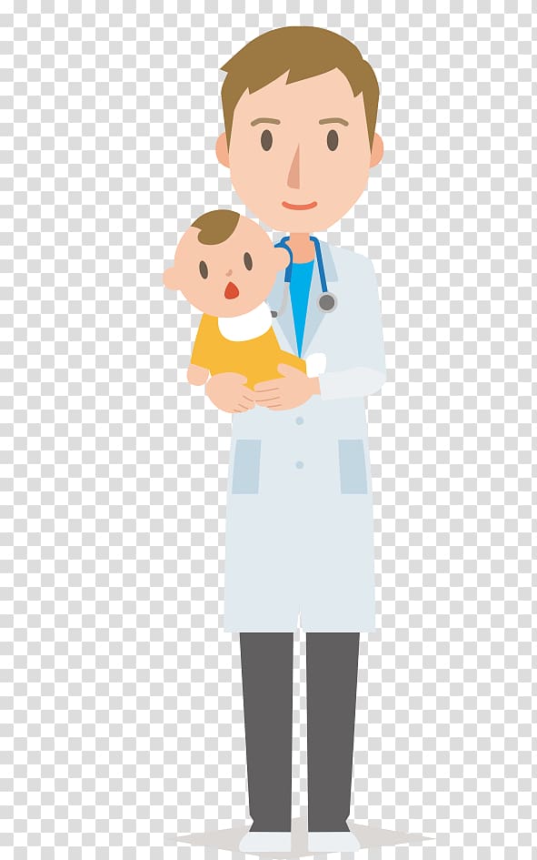 Pediatrician holding a baby, wearing lab coat and stethoscope, cartoon illustration.
