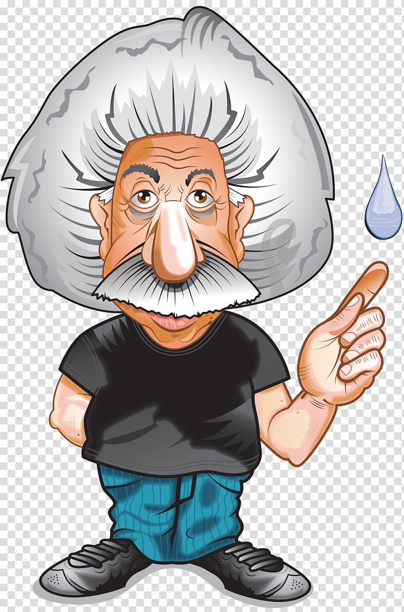 Cartoon caricature of Albert Einstein with wild white hair, mustache, pointing at a water droplet.