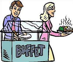 A smiling man serves food at a buffet counter while a woman holds a steaming plate of vegetables and meat.