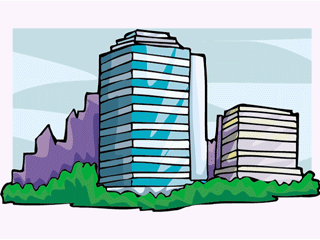 Modern glass skyscrapers with greenery and purple hills in a stylized cityscape illustration.
