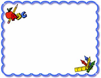 Colorful school-themed border with apple, pencil, ABC letters, ruler, and crayons on white background.