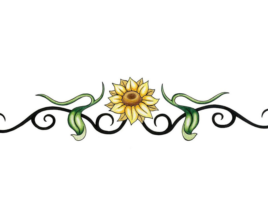 Decorative sunflower vine border with black scrollwork and green leaves, centered yellow sunflower.