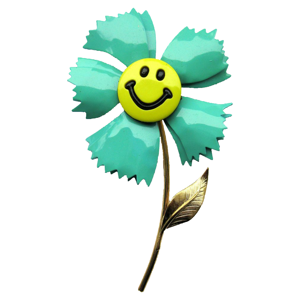 Vintage enamel flower brooch with yellow smiley face center, turquoise petals, and gold-tone stem with leaf.