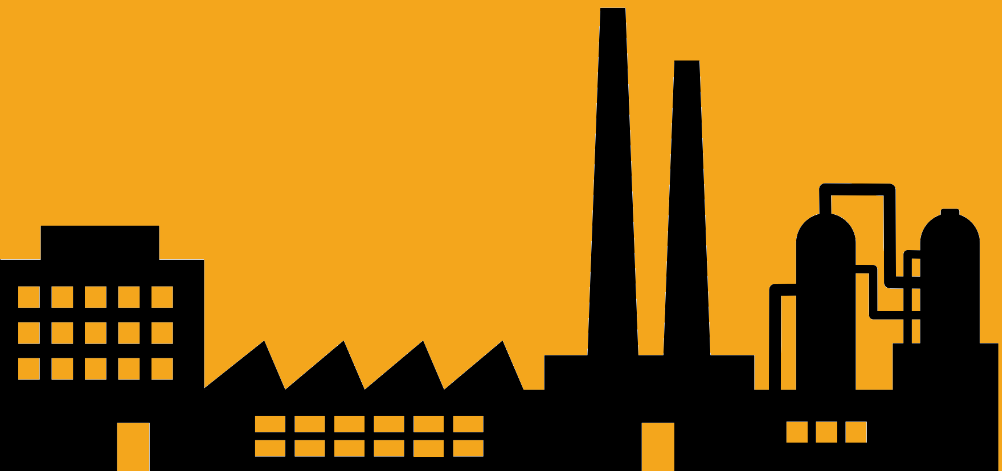 Silhouette of industrial buildings, smokestacks, and factory structures against an orange sky.