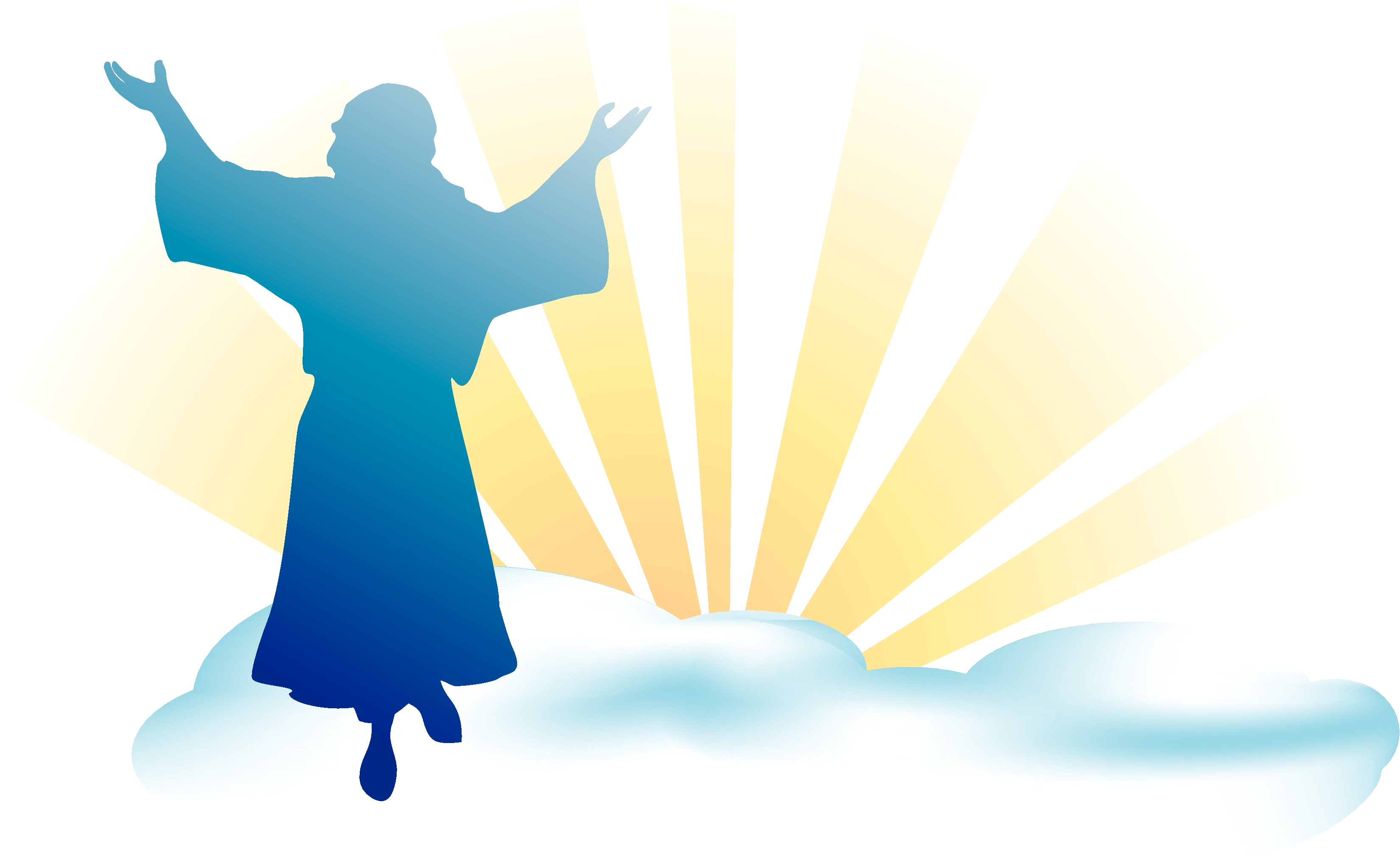 Silhouette of Jesus with outstretched arms on a cloud, radiant light behind, symbolizing ascension or divine blessing.