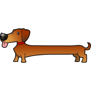 Cartoon illustration of a brown dachshund with a red collar, tongue out, in side profile.