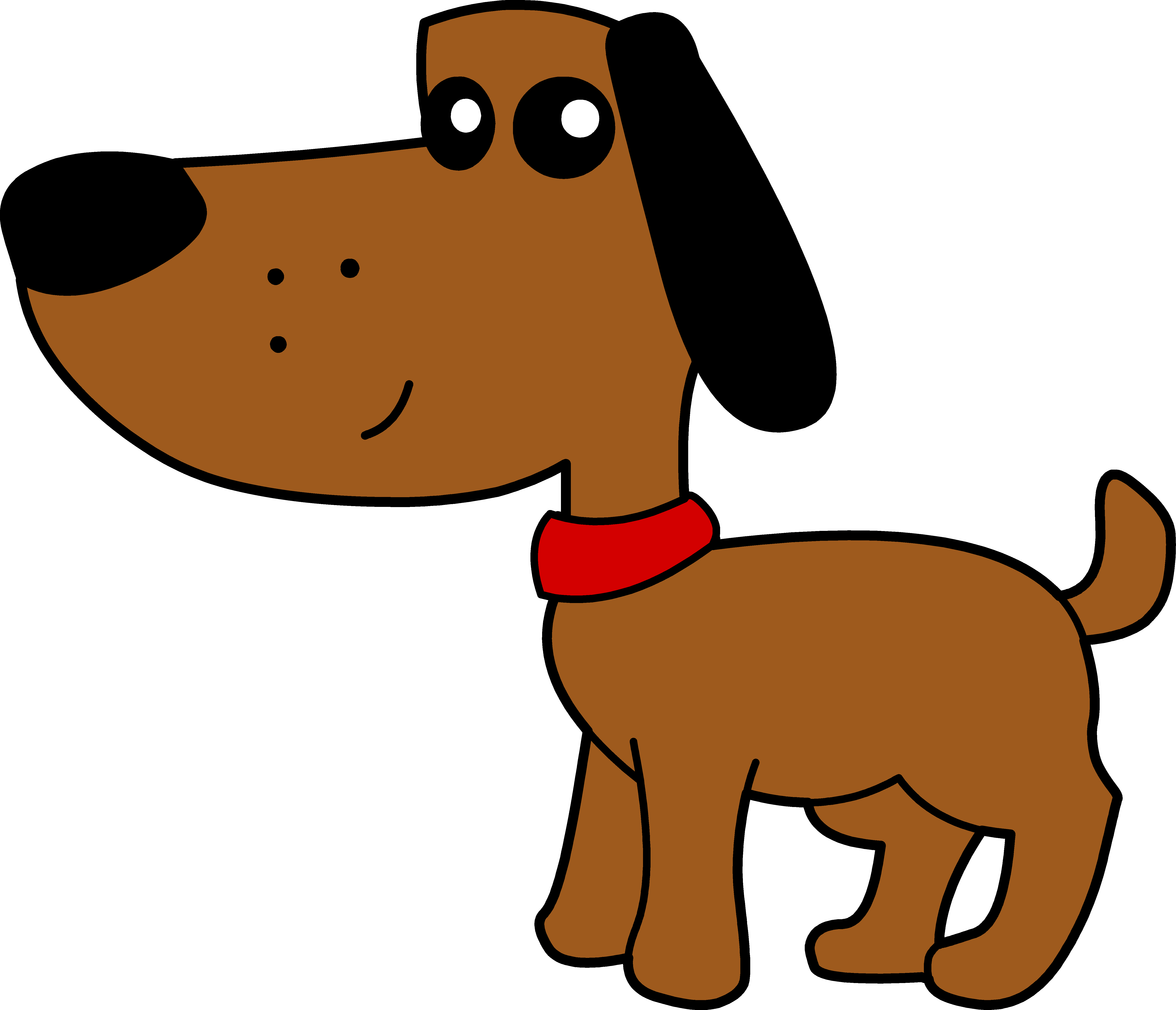 Friendly cartoon brown dog with black ears, red collar, and cheerful expression.